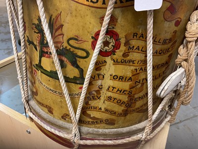 Lot 775 - First World War period military drum for the 8th (Service) Bn. The Buffs (East Kent) Regt. with hand painted regimental badges and insignia and battle honours up to the Boer War.