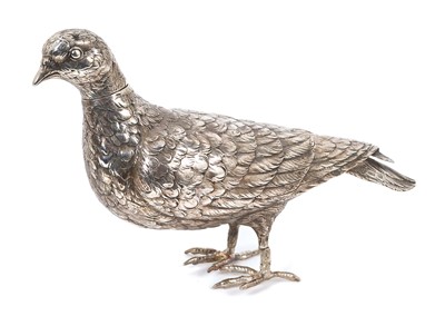 Lot 940 - Edwardian silver novelty decanter in the form of a pigeon, maker's mark for Bernard Muller, London import hallmarks for 1905.