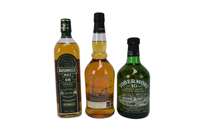 Lot 14 - Three bottles, Tobermory 10 year old single malt scotch whisky, 40%, 70cl. Old Pulteney 12 year old, 40%, 70cl. and Bushmills 10 year old, 40%, 700ml.