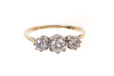 Lot 450 - Diamond three stone ring with three old cut diamonds in platinum claw setting on 18ct gold shank, estimated total diamond weight approximately 0.70cts, ring size M.