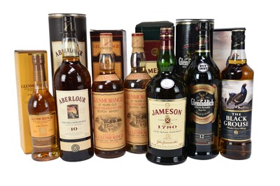 Lot 29 - Seven bottles, assorted whiskies to include: Glenfiddich, Aberlour, Glenmorangie, Jameson and The Black Grouse