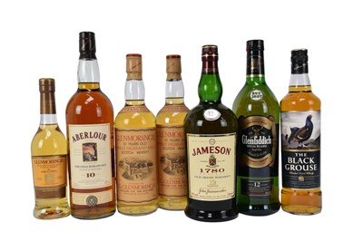Lot 29 - Seven bottles, assorted whiskies to include: Glenfiddich, Aberlour, Glenmorangie, Jameson and The Black Grouse