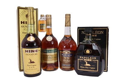 Lot 71 - Four bottles, to include Hine Signature Fine Cognac boxed, Napoleon Hine Extra Fine Cognac boxed , Martell and Three Barrels (4)