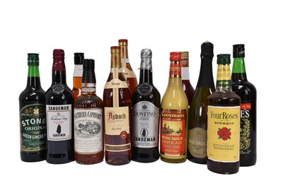 Lot 74 - Twelve bottles, to include Sandeman Donfino Jerez, Campari, Four Roses Bourbon