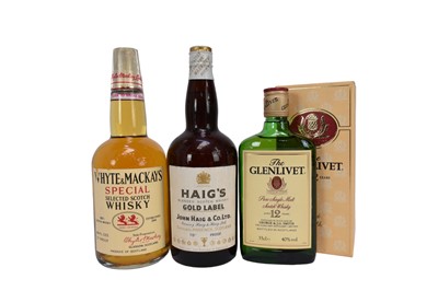Lot 79 - Three bottles, to include Haig's Blended Scotch Whisky Gold Label 70% proof, Whyte & Mackay Special Selected Scotch Whisky 70% proof, 26.75 Fl.ozs, The Glenlivet Aged 12 year Pure Single Malt 40%,...