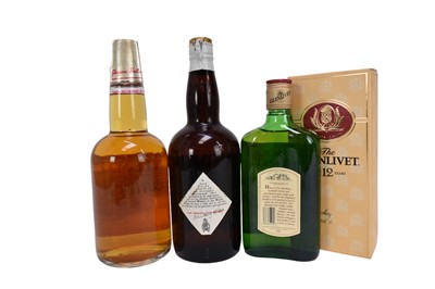 Lot 79 - Three bottles, to include Haig's Blended Scotch Whisky Gold Label 70% proof, Whyte & Mackay Special Selected Scotch Whisky 70% proof, 26.75 Fl.ozs, The Glenlivet Aged 12 year Pure Single Malt 40%,...