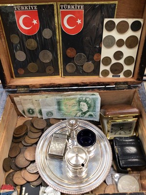 Lot 1016 - Victorian wooden work box containing various coins, banknotes, silver three piece cruet set, plated items, watches and sundries