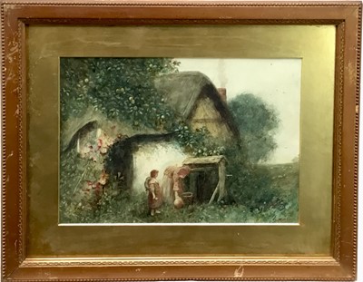 Lot 288 - Frederick Hines (act. 1875-1928) pair of watercolours- figures outside a cottage, signed