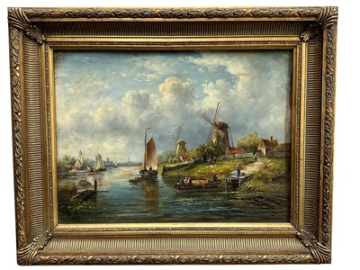 Lot 296 - Continental School, oil on board - Busy Dutch Canal, 29cm x 39cm, in gilt frame