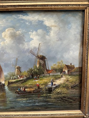 Lot 296 - Continental School, oil on board - Busy Dutch Canal, 29cm x 39cm, in gilt frame