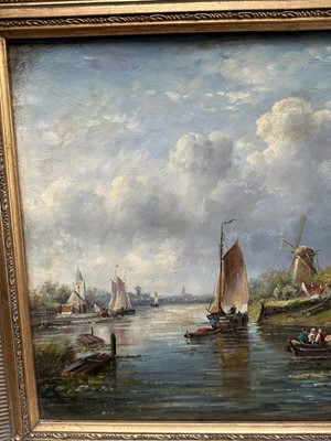 Lot 296 - Continental School, oil on board - Busy Dutch Canal, 29cm x 39cm, in gilt frame