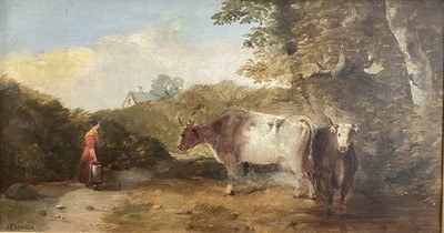 Lot 293 - Henry Dawson milkmaid with two cows, signed oil on canvas