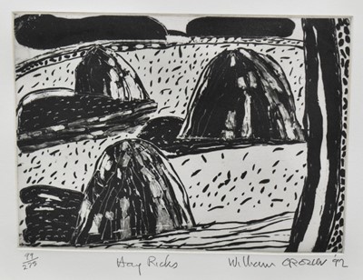 Lot 1176 - *William Crozier (1930-2011) etching, Hay Ricks, signed and dated '92, numbered 99/275, 16 x 21cm, glazed frame