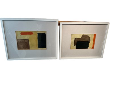 Lot 380 - Fergus Hilton (contemporary) near pair mixed media on paper, abstract forms, signed to rear of frame, 16 x 24cm, glazed frames. (2)