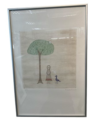 Lot 208 - Keiko Minami (1909/11-2004) colour etching, Girl, bird and tree, signed and numbered 115/150, glazed frame