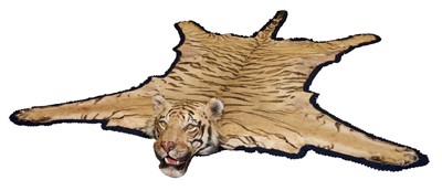 Lot 869 - Fine 1940s Van Ingen Tiger skin rug, the underside numbered 31708 with records stating it was delivered to Van Ingen on July 23rd 1945 by Sir William Ibbotson. 313cm nose to tail, 212cm paw to paw.