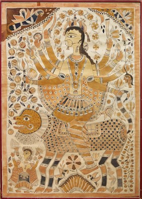 Lot 1147 - Sita Devi (Indian, 1914-2005) ink and paint on paper, 1960s/70s Madhubani folk painting of the Goddess Durga