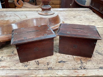 Lot 839 - Pair of old wooden money boxes, stamped ER