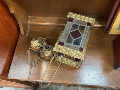 Lot 840 - Antique stained glass and brass hall lantern, square form with rise and fall pulley mechanism