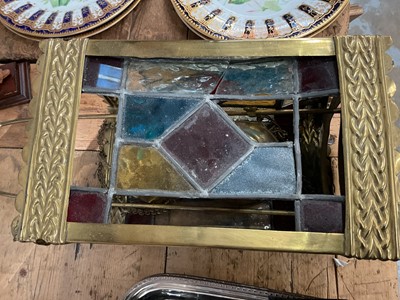 Lot 28 - Antique stained glass and brass hall lantern, square form with rise and fall pulley mechanism