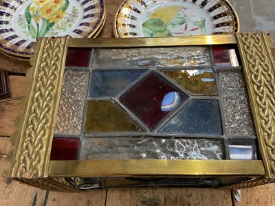 Lot 28 - Antique stained glass and brass hall lantern, square form with rise and fall pulley mechanism