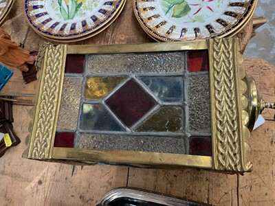 Lot 28 - Antique stained glass and brass hall lantern, square form with rise and fall pulley mechanism