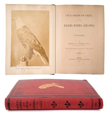 Lot 913 - Henry G Vennor - Our Birds of Prey, or the Eagles, Hawks, and Owls of Canada, G. 30 mounted albumen photographs of taxidermied raptors by William Notman; Montreal: Dawson Brothers, 1876, red tooled...