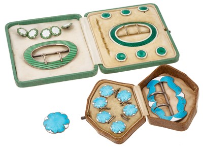 Lot 422 - Set of Edwardian silver gilt and green and white guilloche enamel buckle and buttons in original fitted box, together with two other sets of silver and enamel buttons and buckles