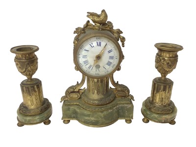 Lot 662 - Early 20th century French desk clock garniture comprising pillar timepiece