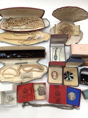 Lot 1013 - Group of costume jewellery including a silver watch chain, simulated pearls, empty Christian Dior box and other bijouterie