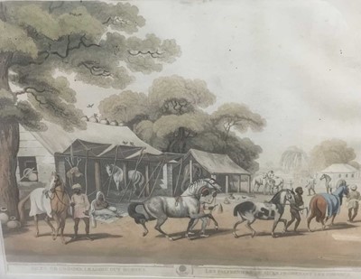 Lot 294 - Early 19th century hand coloured aquatint by H. Merke after Samuel Howitt from the original design of Capt. Thomas Williamson - 'Sices, Or Grooms, Leading Out Horses', circa 1808, from "Oriental Fi...