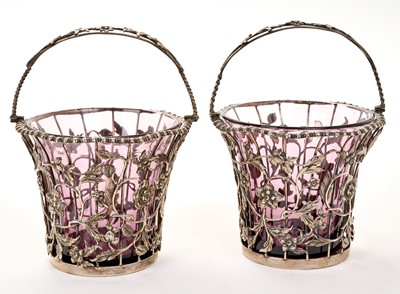 Lot 219 - Pair Edwardian silver sugar baskets with glass liners