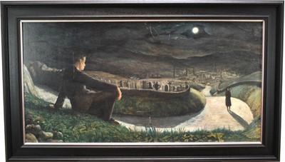 Lot 1101 - Charles Oakley, contemporary, oil on board - Figures before a Moonlit Cemetery, artist's label verso, 49cm x 95cm, framed