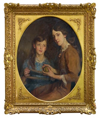 Lot 1131 - English School, early 20th century, oil on canvas - Mother and Daughter Winding Wool, 93cm x 71cm, in gilt frame