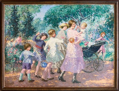 Lot 1146 - Cecilia Carpmael (act.1898-1930) oil on canvas - The Family Outing, signed, 115cm x 153cm, framed