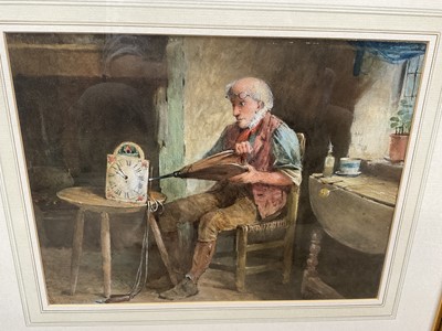 Lot 192 - Victorian watercolour - mending the old clock, indistinctly signed and dated '87, 26 x 34cm, glazed frame