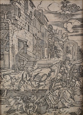 Lot 33 - After Albrecht Dürer woodcut - Rest on the Flight into Egypt, from the Life of the Virgin, laid down, 29.5cm x 21.5cm, with mount, unframed