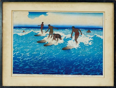 Lot 1100 - Charles William Bartlett (1860-1940) signed woodcut - Surf-Riders, Honolulu