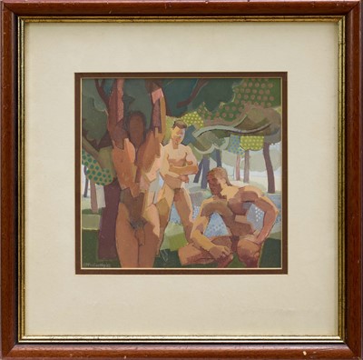 Lot 1188 - *Cornelius McCarthy (1935-2009) gouache - Three Male figures, signed and dated 1985, 24cm x 25cm, in glazed frame