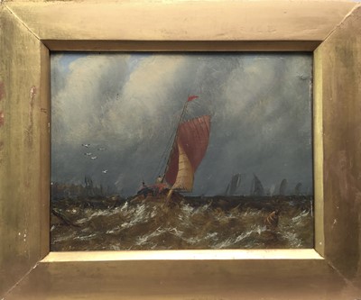 Lot 103 - 19th century English School, oil on artist board, a gaff rigged fishing vessel in a blow off the coast, in gilt frame. 15 x 19cm.