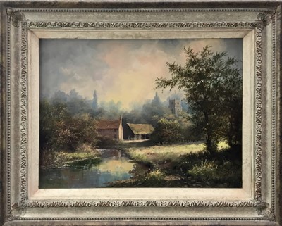 Lot 107 - Noel Ripley (born 1944), oil on board, rural river landscape with a farm in the foreground a church beyond, signed, in gilt frame. 29 x 39cm.