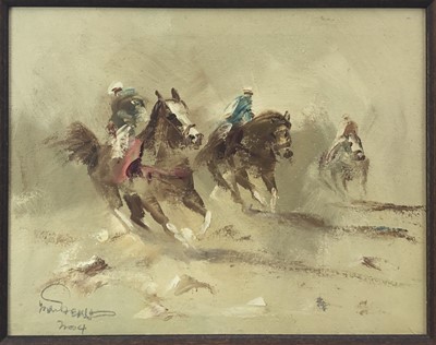 Lot 105 - 20th century Continental School, oil on canvas, Arab horsemen in a sand storm, indistinctly, signed, in dark frame. 37 x 47cm.