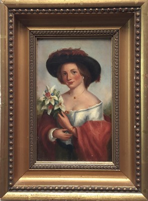 Lot 104 - Early 20th century English School, oil on board, young lady holding a bouquet of flowers, in gilt frame. 20 x 12cm.