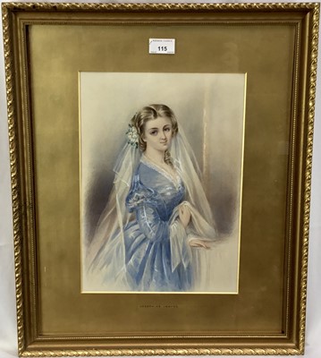 Lot 115 - Josephine Jeayes (circa 1880) watercolour, bride judging the effect of her veil on the day before her wedding, signed, in gilt frame with a gold mount. 35 x 25cm.