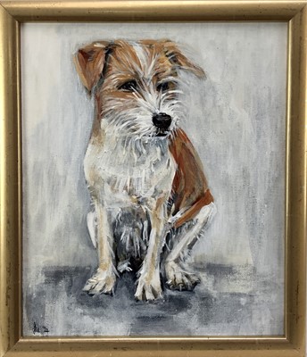 Lot 113 - Jessica J. Peck, oil on artist board, "Patience" a terrier, monogrammed and dated '24, certificate and inscription verso, in gilt frame. 28 x 33cm.