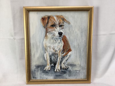 Lot 113 - Jessica J. Peck, oil on artist board, "Patience" a terrier, monogrammed and dated '24, certificate and inscription verso, in gilt frame. 28 x 33cm.
