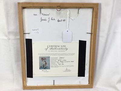 Lot 113 - Jessica J. Peck, oil on artist board, "Patience" a terrier, monogrammed and dated '24, certificate and inscription verso, in gilt frame. 28 x 33cm.
