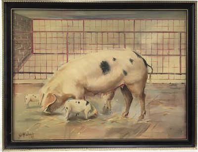 Lot 110 - Ken Allesbrook, oil on board, Gloucester Old Spot sow and her piglets, signed and dated '87, in black and gilt frame. 29 x 39cm.