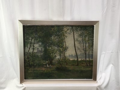 Lot 112 - Manner of Gustave Courbet (1819 - 1877), oil on board, wooded river landscape with a mother and child in the foreground,  in gilt frame. 39 x 49cm.