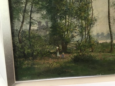 Lot 112 - Manner of Gustave Courbet (1819 - 1877), oil on board, wooded river landscape with a mother and child in the foreground,  in gilt frame. 39 x 49cm.